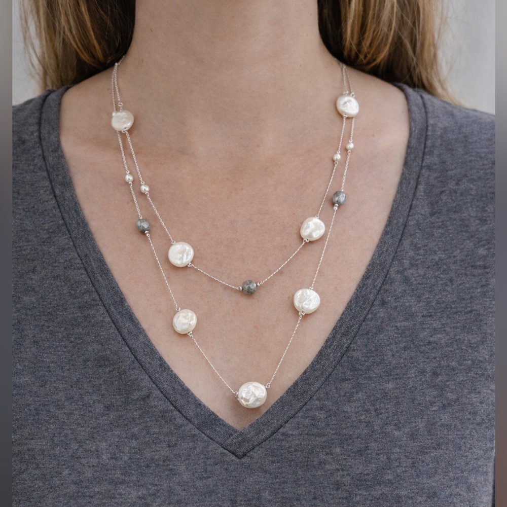 J.Jill Pearl Station Necklace Silver Tone Long Necklace. (BJ111) - Picture 2 of 11